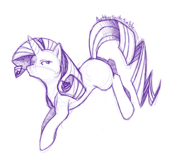 Size: 730x676 | Tagged: safe, artist:stripedpanther, rarity, pony, unicorn, g4, female, looking back, mare, missing cutie mark, monochrome, simple background, sketch, solo, white background