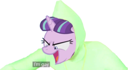Size: 633x348 | Tagged: safe, edit, starlight glimmer, pony, unicorn, g4, face swap, female, frown, gay, glare, i'm gay, idubbbz, male, mare, meme, open mouth, simple background, smiling, smirk, solo, transparent background, wat, wide eyes, youtube caption