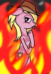 Size: 1024x1489 | Tagged: safe, artist:aeropegasus, pony, blurry background, cowboy hat, digital art, female, fire, harmonycon, hat, serious, serious face