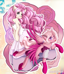 Size: 2000x2311 | Tagged: safe, artist:mailner, alicorn, earth pony, gem (race), gem pony, pony, blushing, clothes, crossover, diamond, disguise, disguised alicorn, disguised diamond, dress, duo, duo female, female, flower, gem, gloves, high res, mane, mare, pink, pink diamond (steven universe), pink hair, ponified, quartz, race swap, rose, rose quartz (gemstone), rose quartz (steven universe), self gemadox, self paradox, self ponidox, shoes, socks, spoilers for another series, steven universe, tongue out