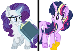 Size: 1024x718 | Tagged: safe, artist:bezziie, rarity, twilight sparkle, alicorn, pony, g4, alternate design, book, curved horn, flawless, horn, magic, simple background, transparent background, twilight sparkle (alicorn)