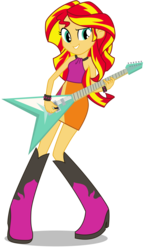Size: 7449x12824 | Tagged: safe, artist:famousmari5, sunset shimmer, equestria girls, g4, my little pony equestria girls: rainbow rocks, absurd resolution, bare shoulders, beautiful, boots, clothes, deviantart watermark, electric guitar, female, flying v, guitar, guitar pick, high heel boots, musical instrument, obtrusive watermark, shoes, shoulderless, simple background, skirt, sleeveless, solo, sunset shredder, transparent background, vector, watermark