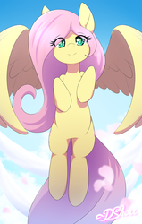 Size: 1223x1920 | Tagged: safe, artist:dshou, fluttershy, pegasus, pony, g4, cute, female, floating, looking at you, mare, shyabetes, solo, spread wings, wings
