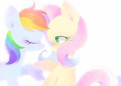Size: 2026x1447 | Tagged: safe, artist:1drfl_world_end, fluttershy, rainbow dash, pony, g4, blushing, color porn, eyes closed, female, lesbian, mare, ship:flutterdash, shipping, simple background, white background