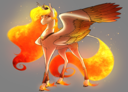 Size: 1024x736 | Tagged: safe, artist:bootsdotexe, princess celestia, alicorn, pony, comic:beyond our borders, g4, alternate design, alternate universe, colored fetlocks, ethereal fetlocks, ethereal mane, female, four wings, gray background, mane of fire, mare, multiple wings, simple background, smiling, solo, unshorn fetlocks, wings
