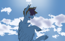 Size: 2630x1688 | Tagged: safe, artist:moonakart13, artist:moonaknight13, oc, oc:nova spark, pegasus, pony, angry, blue sky, cloud, flying, glare