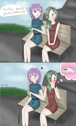 Size: 3000x5000 | Tagged: safe, artist:marie-tea-chan, boulder (g4), marble pie, maud pie, human, g4, anime, bench, clothes, comic, cute, dress, female, hair, hand, humanized, incest, lesbian, love, marbaud, piecest, romantic, shipping