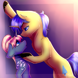 Size: 1080x1080 | Tagged: safe, artist:cornelia_nelson, oc, oc:arctic lance, oc:blue spinel, pony, unicorn, against wall, female, hoof under chin, kabedon, looking at each other, male, mare, nervous, stallion, ych result