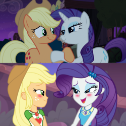 Size: 1080x1080 | Tagged: safe, screencap, applejack, rarity, equestria girls, equestria girls series, g4, made in manehattan, rollercoaster of friendship, blushing, comparison, context is for the weak, duo, female, geode of shielding, geode of super strength, just friends, out of context, shipping fuel