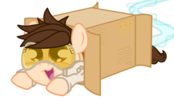 Size: 1920x1080 | Tagged: safe, artist:king-franchesco, pony, box, cute, female, hooves, lying down, mare, open mouth, overwatch, ponified, pony in a box, simple background, tracer, transparent background