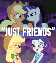 Size: 954x1078 | Tagged: safe, edit, edited screencap, screencap, applejack, rarity, earth pony, pony, equestria girls, equestria girls specials, g4, made in manehattan, my little pony equestria girls: better together, my little pony equestria girls: rollercoaster of friendship, blushing, caption, comparison, context is for the weak, duo, female, geode of shielding, geode of super strength, just friends, lesbian, out of context, ship:rarijack, shipping, shipping fuel