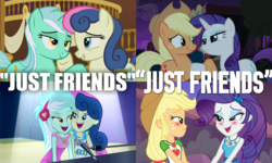Size: 1800x1080 | Tagged: safe, edit, edited screencap, screencap, applejack, bon bon, lyra heartstrings, rarity, sweetie drops, earth pony, pony, unicorn, equestria girls, equestria girls series, g4, made in manehattan, rainbow rocks, rollercoaster of friendship, season 5, slice of life (episode), best friends, blushing, caption, comparison, context is for the weak, discovery family logo, duo, duo female, female, just friends, lesbian, looking at each other, mare, meta, out of context, ship:lyrabon, ship:rarijack, shipping, shipping fuel