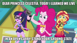 Size: 960x539 | Tagged: safe, edit, edited screencap, screencap, pinkie pie, sunset shimmer, twilight sparkle, equestria girls, g4, my little pony equestria girls: better together, x marks the spot, clothes, female, gun, handgun, image macro, manurhin, meme, pistol, revolver, swimsuit, trigger discipline, weapon