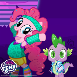 Size: 1194x1196 | Tagged: safe, gameloft, pinkie pie, spike, g4, official, bipedal, clothes, duo, looking at you, my little pony logo, retro, retro spike, socks, striped socks
