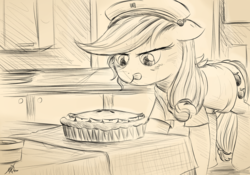 Size: 1500x1050 | Tagged: safe, artist:j24262756, applejack, earth pony, pony, g4, atg 2018, clothes, female, floppy ears, food, mare, monochrome, newbie artist training grounds, pie, sketch, smiling, solo, tongue out
