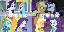 Size: 2160x1080 | Tagged: safe, edit, edited screencap, screencap, applejack, rainbow dash, rarity, earth pony, pony, a fine line, equestria girls, equestria girls series, g4, made in manehattan, rarity investigates, rollercoaster of friendship, best friends, blushing, caption, comparison, context is for the weak, duo, female, geode of shielding, geode of super strength, just friends, out of context, shipping fuel