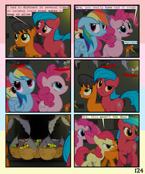 Size: 900x1080 | Tagged: safe, artist:lister-of-smeg, apple bloom, pinkie pie, rainbow dash, oc, oc:crosspatch, oc:lazybug, bat, earth pony, pony, comic:zap-o-lantern, g4, apple, bottle, colt, comic, female, food, male, mare