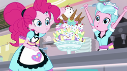 Size: 1280x720 | Tagged: safe, screencap, pinkie pie, sunny sugarsocks, equestria girls, g4, my little pony equestria girls: better together, pinkie pie: snack psychic, banana split, cute, diapinkes, dish, duo, duo female, female, food, ice cream, plate, server pinkie pie, spoon, sweet snacks cafe