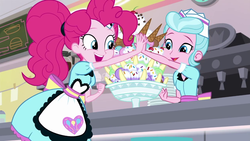 Size: 1280x720 | Tagged: safe, screencap, pinkie pie, sunny sugarsocks, equestria girls, g4, my little pony equestria girls: better together, pinkie pie: snack psychic, apron, banana split, clothes, duo, duo female, female, food, high five, ice cream, sprinkles, sundae, sweet snacks cafe, waitress