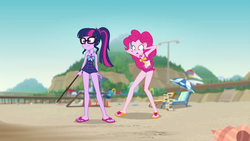Size: 1280x720 | Tagged: safe, screencap, pinkie pie, sci-twi, twilight sparkle, equestria girls, friendship math, g4, my little pony equestria girls: better together, beach, clothes, duo, duo female, feet, female, flip-flops, geode of sugar bombs, geode of telekinesis, pinkie pie swimsuit, sandals, sci-twi swimsuit, swimsuit, the ass was fat, umbrella
