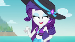 Size: 1280x720 | Tagged: safe, screencap, rarity, equestria girls, g4, my little pony equestria girls: better together, belly button, clothes, geode of shielding, hat, jewelry, necklace, swimsuit