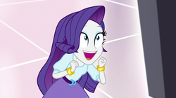Size: 1280x717 | Tagged: safe, screencap, rarity, equestria girls, equestria girls specials, g4, my little pony equestria girls: dance magic, bracelet, clothes, female, happy, jewelry, mall, skirt, solo, television