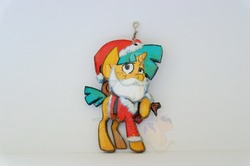 Size: 1024x681 | Tagged: safe, artist:king-franchesco, snails, pony, unicorn, g4, beard, christmas, clothes, colt, costume, facial hair, foal, hat, holiday, hooves, horn, irl, keychain, male, photo, santa costume, santa hat, solo, watermark