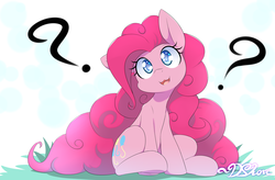 Size: 1920x1256 | Tagged: safe, artist:dshou, pinkie pie, earth pony, pony, g4, :3, cute, diapinkes, female, looking at you, mare, open mouth, ponk, question mark, signature, simple background, sitting, smiling, solo, white background