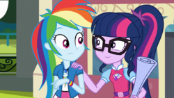 Size: 1280x720 | Tagged: safe, screencap, rainbow dash, sci-twi, twilight sparkle, equestria girls, g4, get the show on the road, my little pony equestria girls: summertime shorts, female, geode of super speed, geode of telekinesis, hand on shoulder, magical geodes