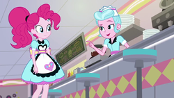 Size: 1280x720 | Tagged: safe, screencap, pinkie pie, sunny sugarsocks, equestria girls, g4, my little pony equestria girls: better together, pinkie pie: snack psychic, coffee, coffee machine, diner, dishes, duo, duo female, female, server pinkie pie, stool, sweet snacks cafe, waitress