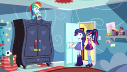 Size: 1280x720 | Tagged: safe, screencap, rainbow dash, rarity, sci-twi, twilight sparkle, equestria girls, g4, leaping off the page, my little pony equestria girls: summertime shorts, female, rainbow dash's bedroom, wardrobe