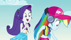 Size: 1280x720 | Tagged: safe, screencap, rainbow dash, rarity, equestria girls, g4, lost and found, my little pony equestria girls: better together, belly button, cap, cute, duo, duo female, female, geode of shielding, geode of super speed, hat, headphones, huggable, magical geodes, raribetes, rarity's blue sarong, rarity's purple bikini, sarong