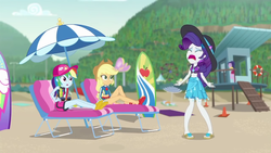 Size: 1280x720 | Tagged: safe, screencap, applejack, rainbow dash, rarity, equestria girls, g4, lost and found, my little pony equestria girls: better together, cap, clothes, female, geode of shielding, geode of super speed, geode of super strength, hat, magical geodes, sarong, sun hat, swimsuit