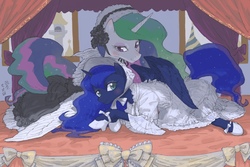 Size: 1800x1200 | Tagged: safe, artist:yanamosuda, princess celestia, princess luna, alicorn, pony, g4, blushing, canterlot, clothes, duo, female, lolita fashion, mare, ribbon, royal sisters, sisters