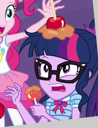 Size: 585x757 | Tagged: safe, screencap, pinkie pie, sci-twi, twilight sparkle, equestria girls, equestria girls specials, g4, my little pony equestria girls: better together, my little pony equestria girls: rollercoaster of friendship, apple, cropped, female, food, geode of telekinesis, glasses, messy hair, offscreen character, ponytail