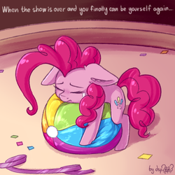 Size: 1024x1024 | Tagged: safe, artist:dsp2003, pinkie pie, earth pony, pony, g4, 30 minute art challenge, beach ball, comic, confetti, crying, depression, ear fluff, end of ponies, eyes closed, female, floppy ears, frown, harsher in hindsight, mare, one-panel comic, prone, ribbon, sad, sad in hindsight, single panel, solo