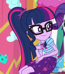 Size: 537x605 | Tagged: safe, screencap, rarity, sci-twi, twilight sparkle, equestria girls, equestria girls specials, g4, my little pony equestria girls: better together, my little pony equestria girls: rollercoaster of friendship, clothes, cropped, female, geode of telekinesis, glasses, ponytail, skirt, smiling, solo