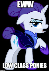 Size: 500x725 | Tagged: safe, rarity, pony, unicorn, g4, the cutie re-mark, alternate timeline, black background, classism, dialogue, disgusted, female, hoof shoes, image macro, mare, meme, night maid rarity, nightmare takeover timeline, raised hoof, simple background, snobby, solo