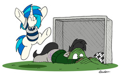 Size: 2673x1632 | Tagged: safe, artist:bobthedalek, dj pon-3, octavia melody, vinyl scratch, earth pony, pony, unicorn, g4, atg 2018, clothes, duo, female, football, goal post, mare, newbie artist training grounds, shirt, simple background, sports, sweater, white background