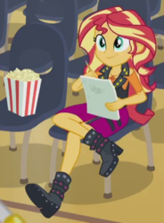 Size: 379x516 | Tagged: safe, screencap, sunset shimmer, equestria girls, g4, my little pony equestria girls: better together, stressed in show, cropped, crossed legs, food, geode of empathy, popcorn