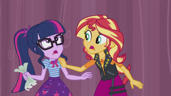 Size: 1280x720 | Tagged: safe, screencap, sci-twi, sunset shimmer, twilight sparkle, equestria girls, g4, my little pony equestria girls: better together, stressed in show, geode of empathy, geode of telekinesis