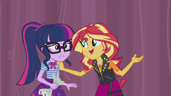 Size: 1280x720 | Tagged: safe, screencap, sci-twi, sunset shimmer, twilight sparkle, equestria girls, g4, my little pony equestria girls: better together, stressed in show, geode of empathy, geode of telekinesis