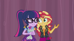 Size: 1280x720 | Tagged: safe, screencap, sci-twi, sunset shimmer, twilight sparkle, equestria girls, g4, my little pony equestria girls: better together, stressed in show
