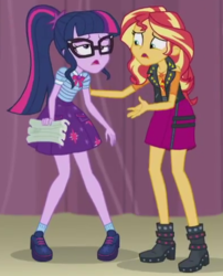 Size: 394x487 | Tagged: safe, screencap, sci-twi, sunset shimmer, twilight sparkle, equestria girls, g4, my little pony equestria girls: better together, stressed in show, cropped, female, geode of empathy, geode of telekinesis, magical geodes