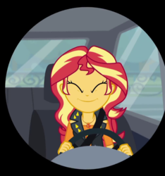 Size: 672x718 | Tagged: safe, screencap, sunset shimmer, driving miss shimmer, driving miss shimmer: applejack, equestria girls, g4, my little pony equestria girls: better together, car, cropped, cute, eyes closed, geode of empathy, iris out, shimmerbetes, smiling
