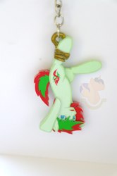 Size: 681x1024 | Tagged: safe, artist:king-franchesco, oc, oc only, oc:redchetgreen, earth pony, pony, commission, cutie mark, hooves, irl, keychain, male, open mouth, photo, solo, stallion, upside down, watermark