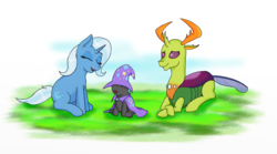 Size: 1800x1000 | Tagged: safe, artist:eulicious, thorax, trixie, oc, oc:prince thurston, changedling, changeling, changepony, hybrid, pony, g4, cape, clothes, digital art, eyes closed, family, female, grass, hat, interspecies offspring, king thorax, laughing, male, mare, next generation, offspring, parent:thorax, parent:trixie, parents:thoraxie, shipping, straight, thoraxie, trio, trixie's cape, trixie's hat