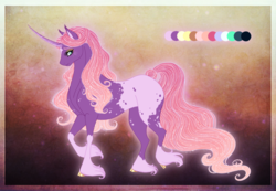 Size: 1280x888 | Tagged: safe, artist:silverwolf866, oc, oc only, classical unicorn, pony, unicorn, abstract background, adoptable, appaloosa, blank flank, cloven hooves, color palette, ethereal mane, female, freckles, horn, leonine tail, mare, offspring, parent:big macintosh, parent:princess luna, parents:lunamac, solo, starry mane, unshorn fetlocks
