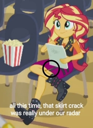 Size: 708x967 | Tagged: safe, edit, edited screencap, screencap, sunset shimmer, equestria girls, g4, my little pony equestria girls: better together, stressed in show, boots, chair, circle, clothes, cropped, female, food, high heel boots, popcorn, shoes, skirt, solo, text, text edit