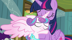 Size: 1280x720 | Tagged: safe, screencap, princess flurry heart, twilight sparkle, alicorn, pony, a flurry of emotions, g4, baby, baby flurry heart, baby pony, cloth diaper, cute, daaaaaaaaaaaw, diaper, eyes closed, flurrybetes, forgiveness, happy, heartwarming, holding a baby, holding a pony, hug, ponyville hospital, safety pin, smiling, spread wings, twiabetes, twilight sparkle (alicorn), wings